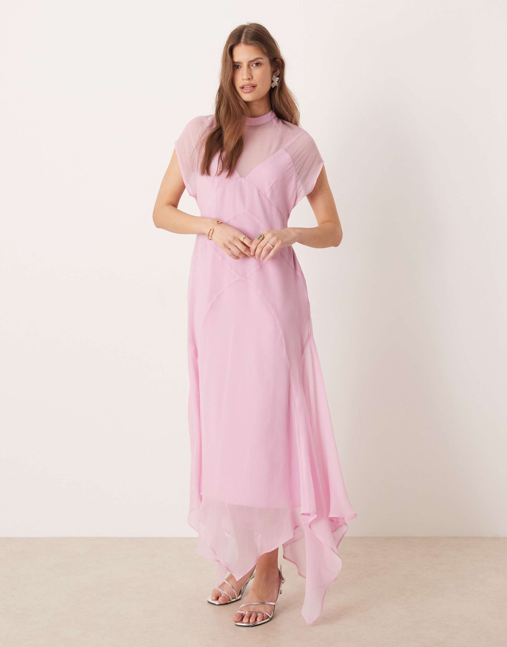 asos design high neck hanky hem chiffon maxi dress in sugary pink