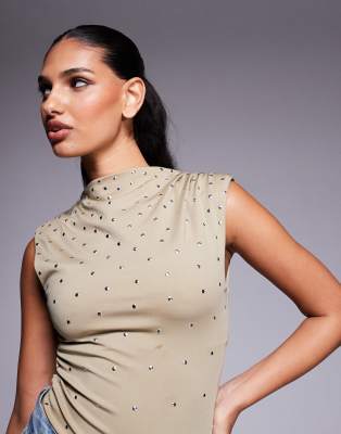 high neck hotfix stud bodysuit in light khaki-Green