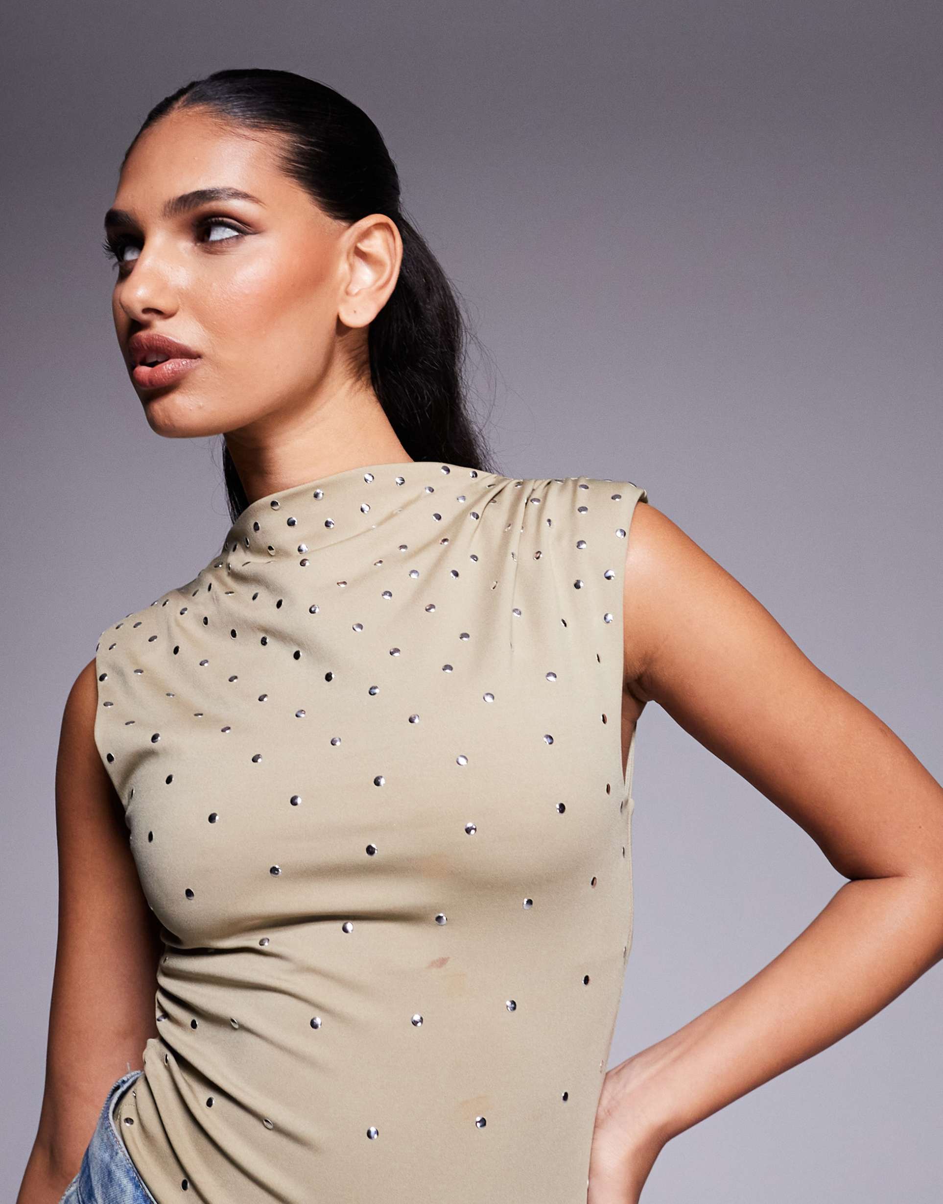 asos design high neck hotfix stud bodysuit in light khaki