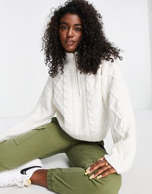 ASOS DESIGN high neck jumper in cable with zip detail in cream