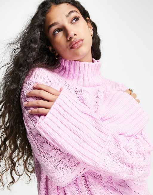 ASOS DESIGN high neck jumper in chunky cable knit in pink