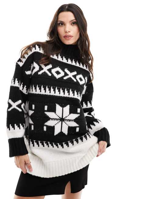 ASOS DESIGN high neck jumper in fairisle pattern in black, 3 of 4