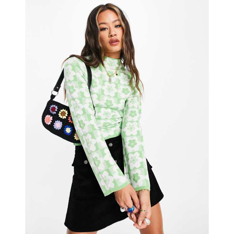 ASOS DESIGN high neck jumper in floral check pattern in green