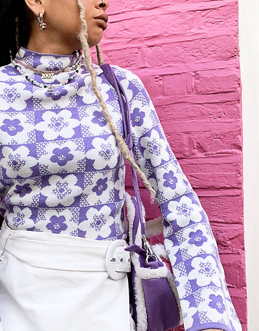  high neck jumper in floral check pattern in lilac 