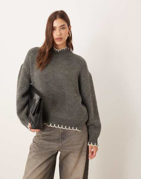 ASOS DESIGN high neck jumper with blanket stitch detail in charcoal - view 1