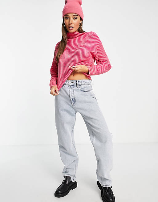 Jumpers & Cardigans high neck jumper with contrast rib in pink 