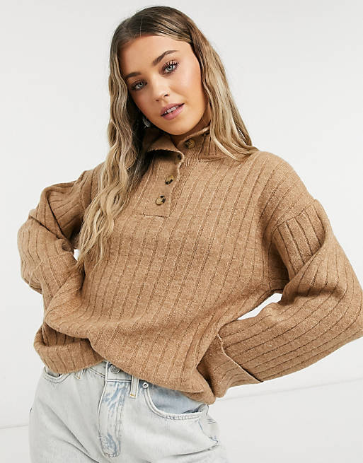  high neck jumper with placket detail in taupe 