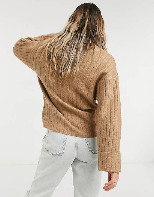  high neck jumper with placket detail in taupe 