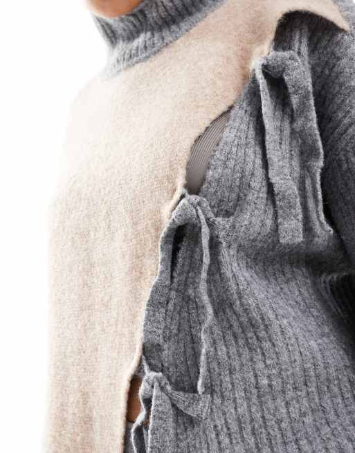 ASOS DESIGN high neck jumper with tie detail and colour block in neutral, 3 of 4