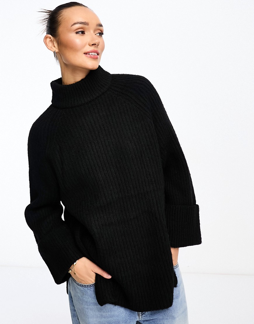 ASOS DESIGN high neck jumper with turn back cuff in long and lean block in black