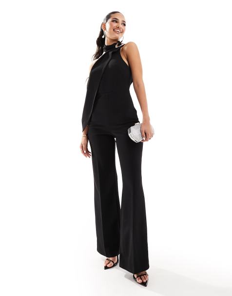 ASOS DESIGN high neck jumpsuit with silver neck trim in black - view 1