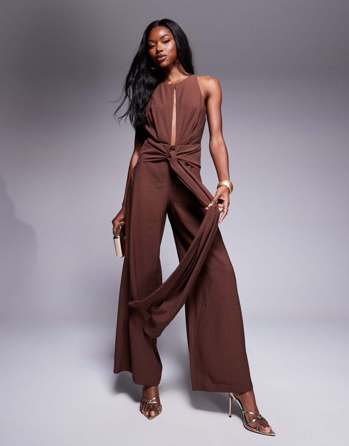 ASOS DESIGN high neck jumpsuit with tie detail in chocolate