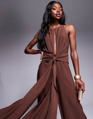 Asos Design High Neck Jumpsuit With Tie Detail In Brown