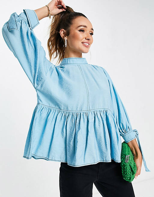 Tops high neck kimono smock top with volume sleeve and contrast stitching in blue 