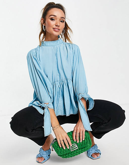 Tops high neck kimono smock top with volume sleeve and contrast stitching in blue 
