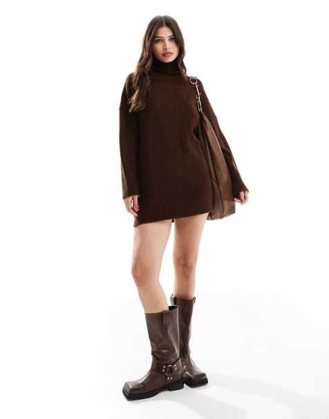 ASOS DESIGN high neck knitted mini dress in chocolate brown - view 1