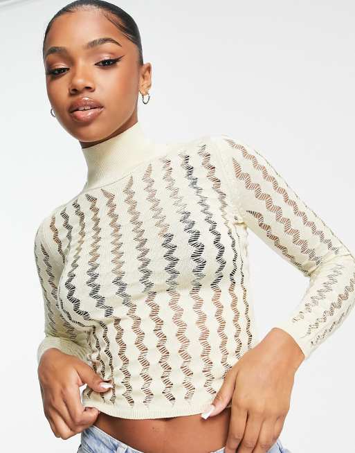 ASOS DESIGN high neck knitted top in sheer wavy ladder stitch in cream