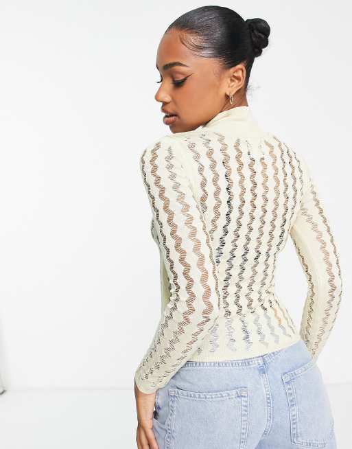 ASOS DESIGN high neck knitted top in sheer wavy ladder stitch in cream |  ASOS