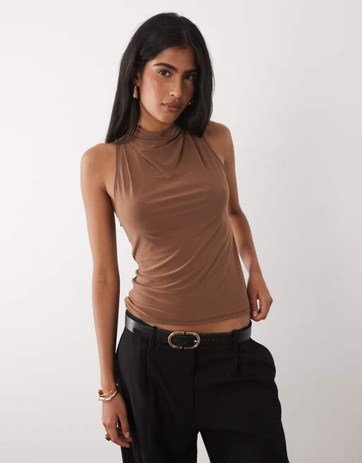 ASOS DESIGN high neck knot back halter top in chocolate, 2 of 4
