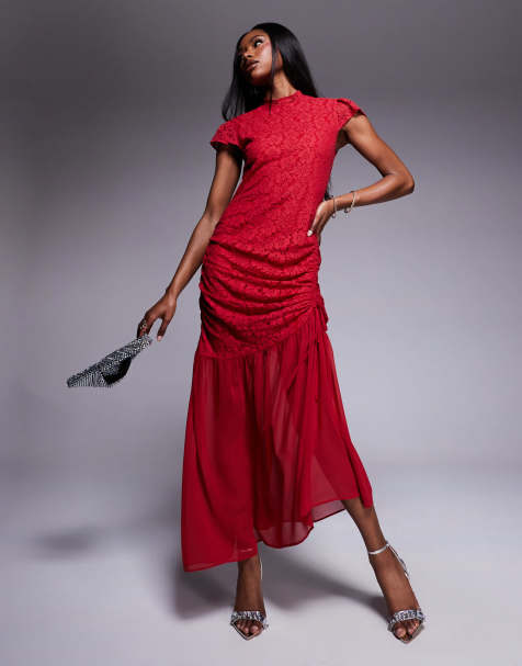 ASOS DESIGN high neck lace drop waist maxi dress in red - view 1