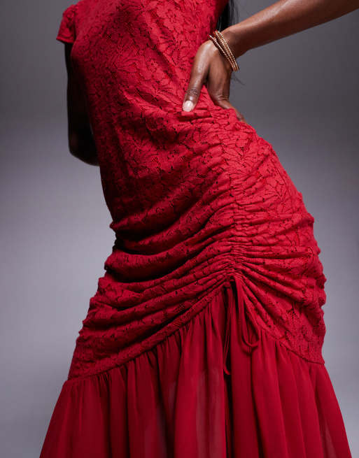 ASOS DESIGN high neck lace dropped waist maxi dress in red