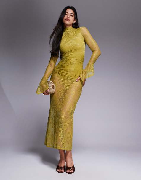 ASOS DESIGN high neck lace midi dress with asymmetric fluted sleeve cuffs in chartreuse - view 1