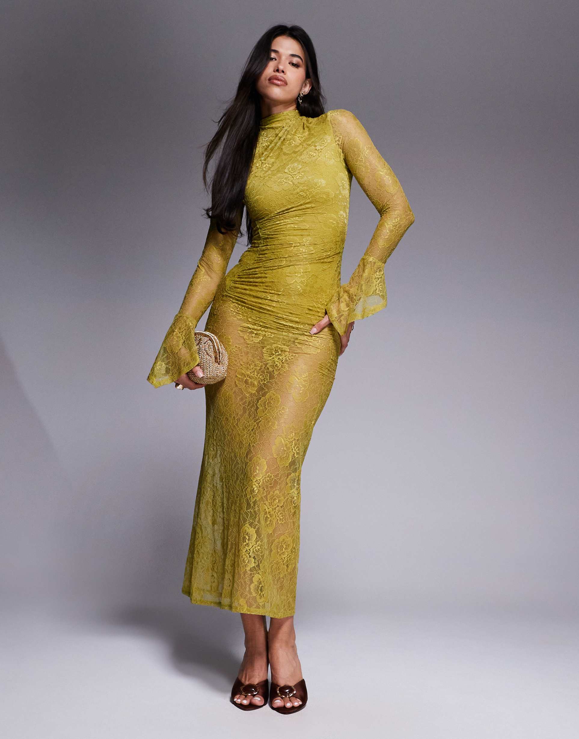 asos design high neck lace midi dress with asymmetric fluted sleeve cuffs in chartreuse