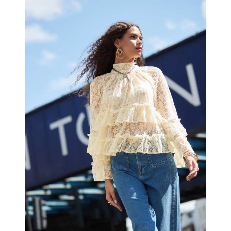 ASOS DESIGN high neck lace tiered top in cream ASOS