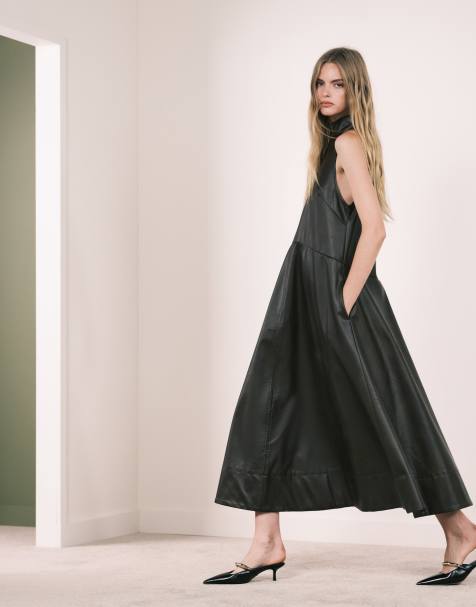 ASOS DESIGN high neck leather look maxi dress with stitching detail in vintage brown - view 1