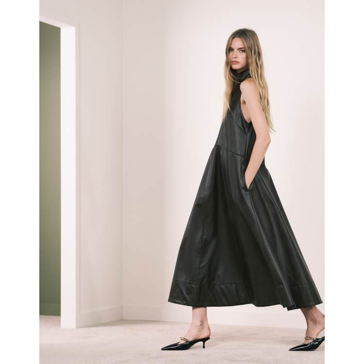 brown leather maxi dress Caramel Brown Faux Leather Belted Maxi Dress - All Dresses