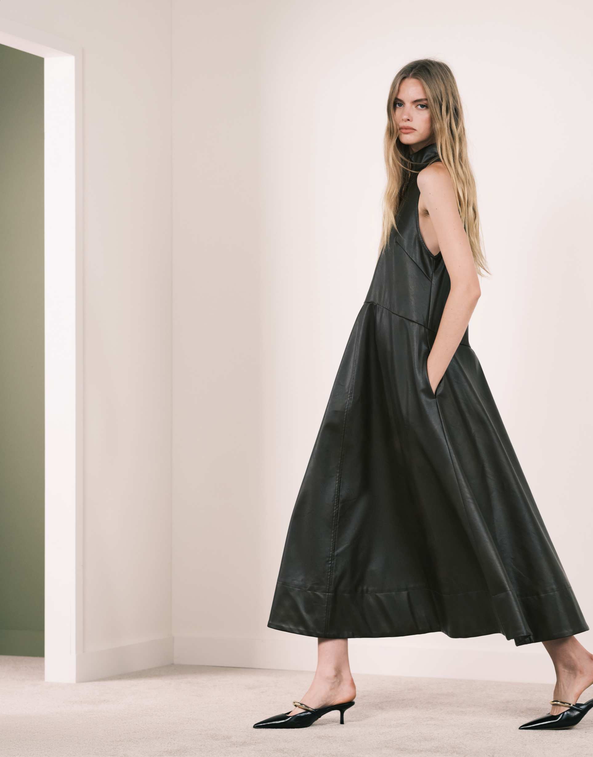 asos design high neck leather look maxi dress with stitching details in vintage brown