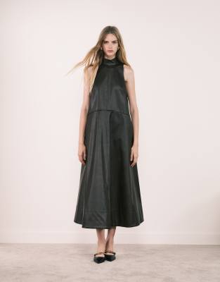 Asos Design High Neck Leather Look Maxi Dress With Stitching Details In Black