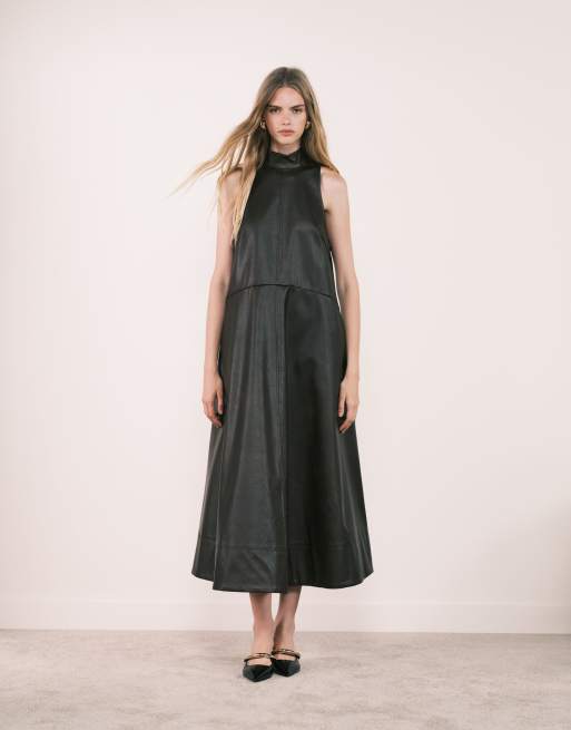 ASOS DESIGN high neck leather look maxi dress with stitching details in vintage brown