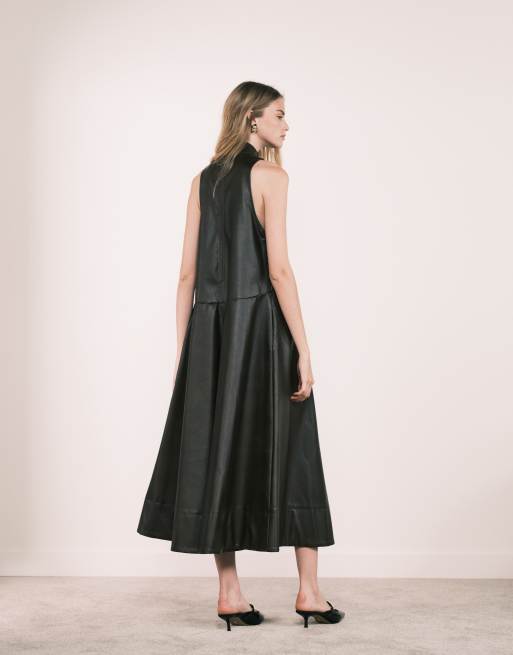 ASOS DESIGN high neck leather look maxi dress with stitching details in vintage brown