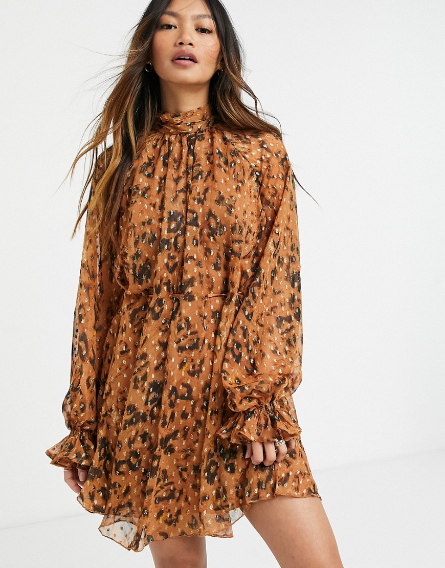 ASOS DESIGN high neck leopard print mini dress in jacqaurd chiffon with tie detail-Multi