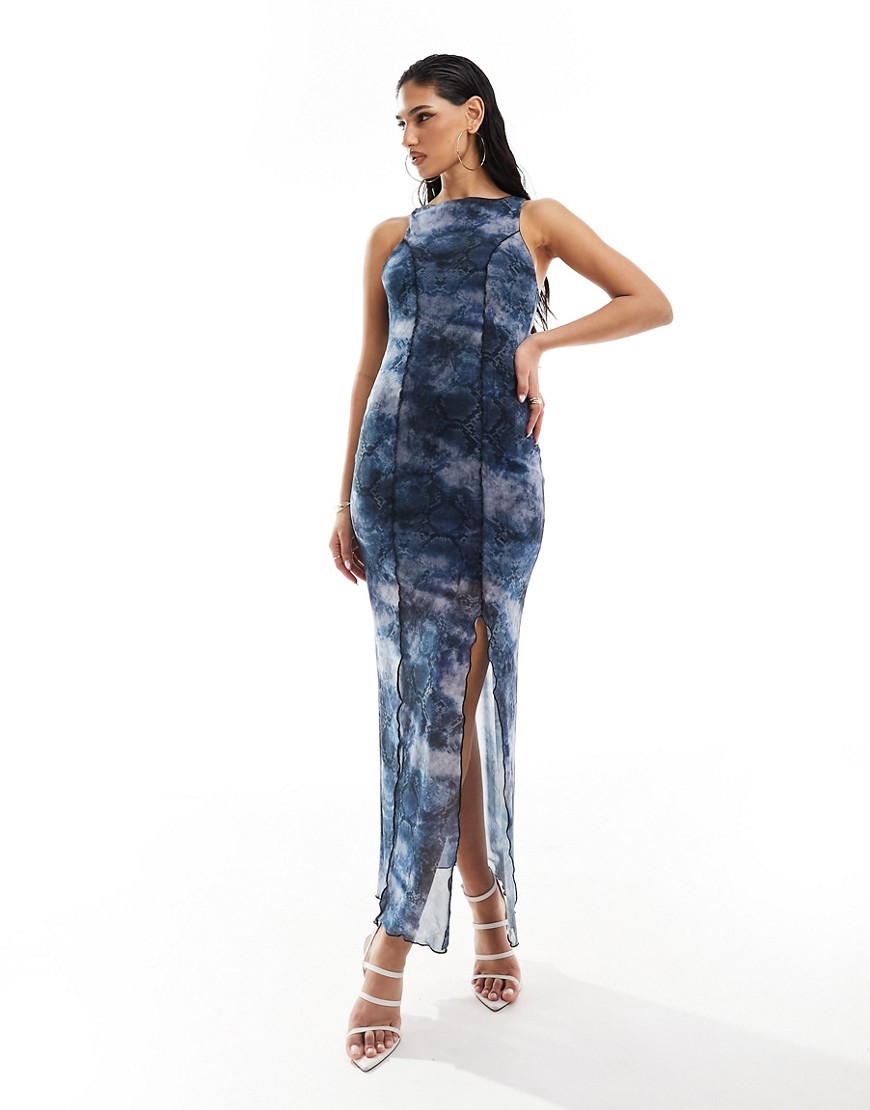 ASOS DESIGN high neck lettuce edge detail maxi dress in blue snake print-Multi