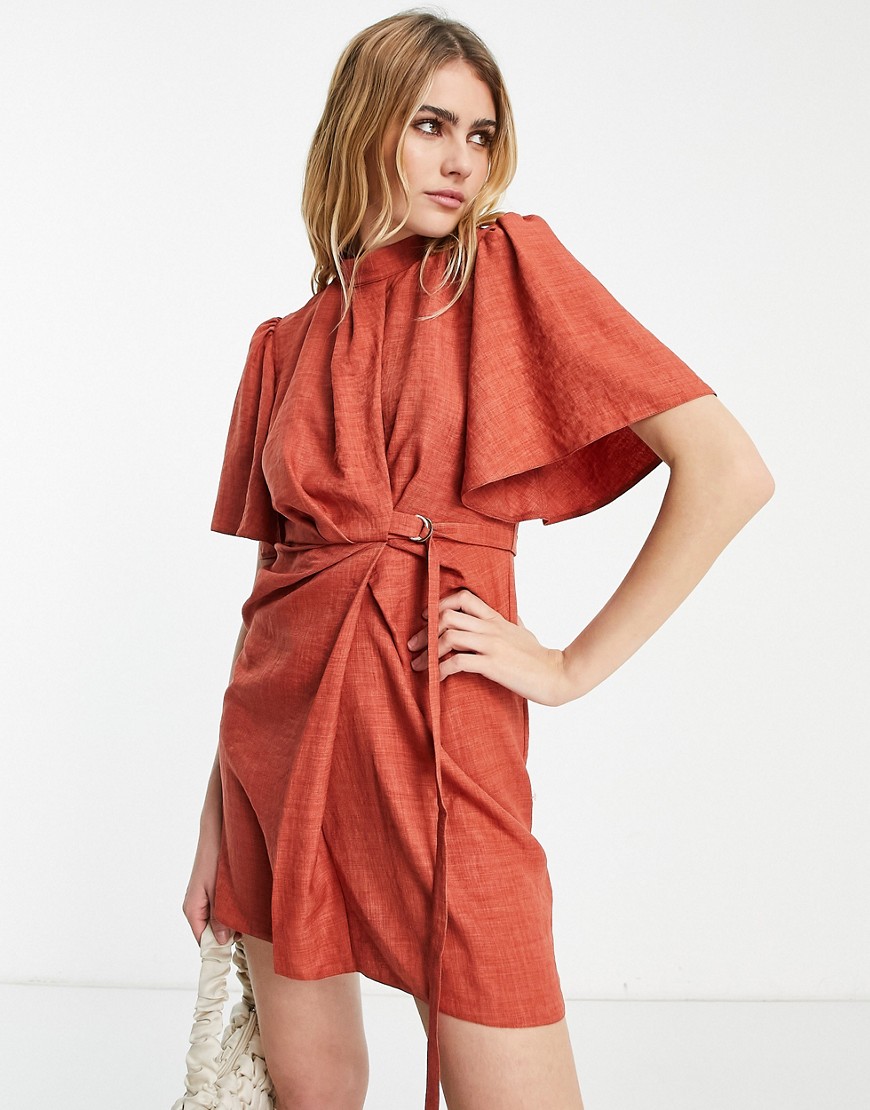 ASOS DESIGN high neck linen drape mini dress with belt detail in rust-Brown