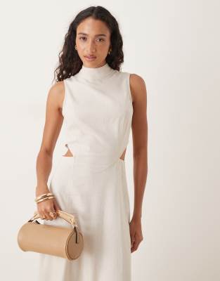 Asos Design High Neck Linen Look Midaxi Dress With Cutout Waist In Neutral