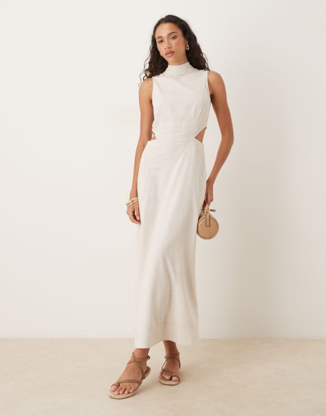 ASOS DESIGN high neck linen midaxi dress with cutout waist in oatmeal - view 1