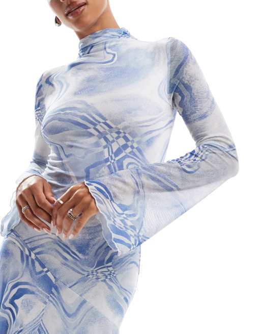 ASOS DESIGN high neck long sleeve a-line maxi dress in blue abstract print