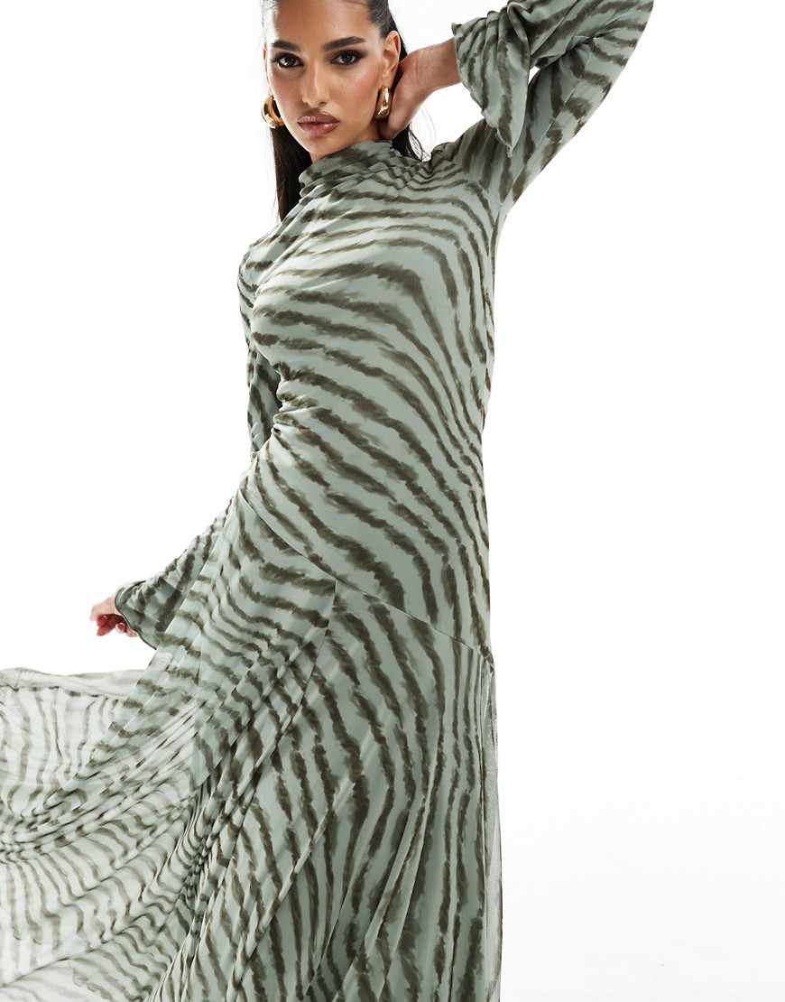Asos Design High Neck Long Sleeve A-line Maxi Dress In Khaki Stripe-multi In Green