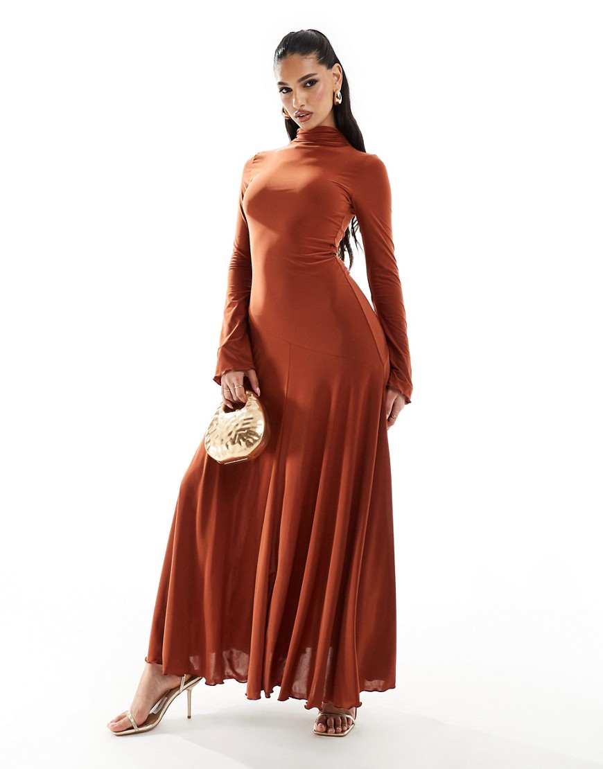Asos Design High Neck Long Sleeve A-line Maxi Dress In Rust-black In Red
