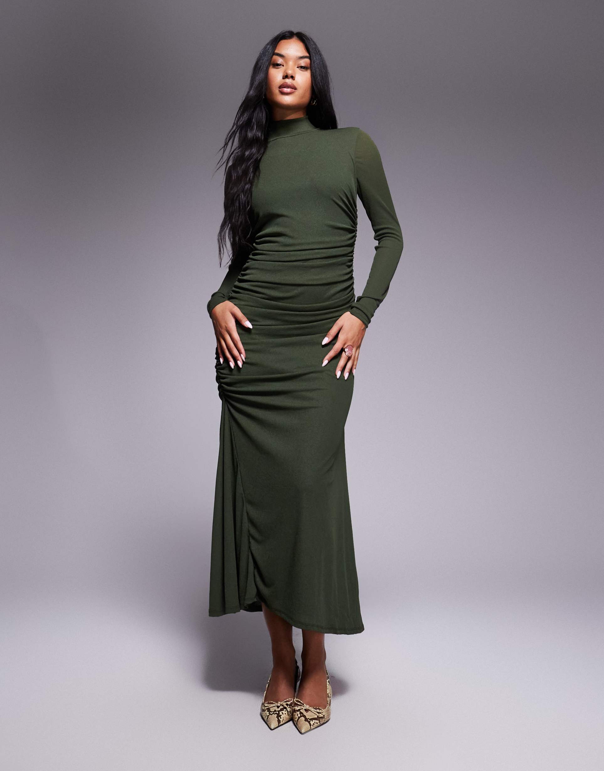 asos design high neck long sleeve asymmetric hem maxi dress in khaki