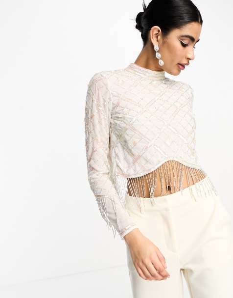 River Island Petite long sleeve button down crochet top in cream