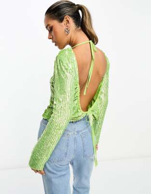 Asos Design High Neck Long Sleeve Embellished Top With Split Hem & Open Back In Bright Green