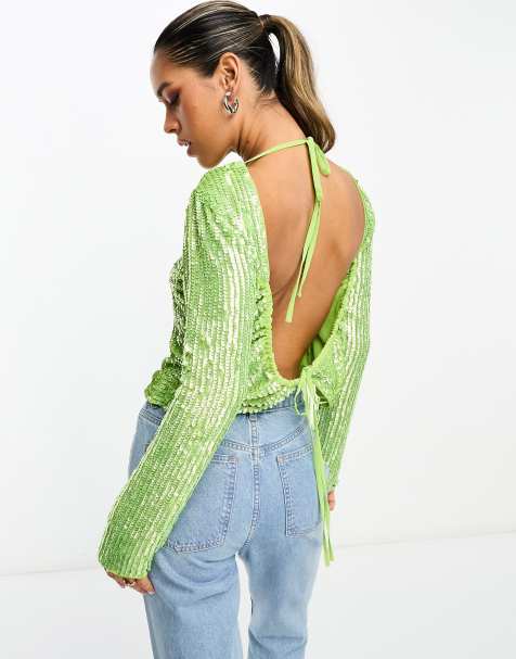 ASOS DESIGN high neck long sleeve embellished top with split hem & open back in bright green - view 1