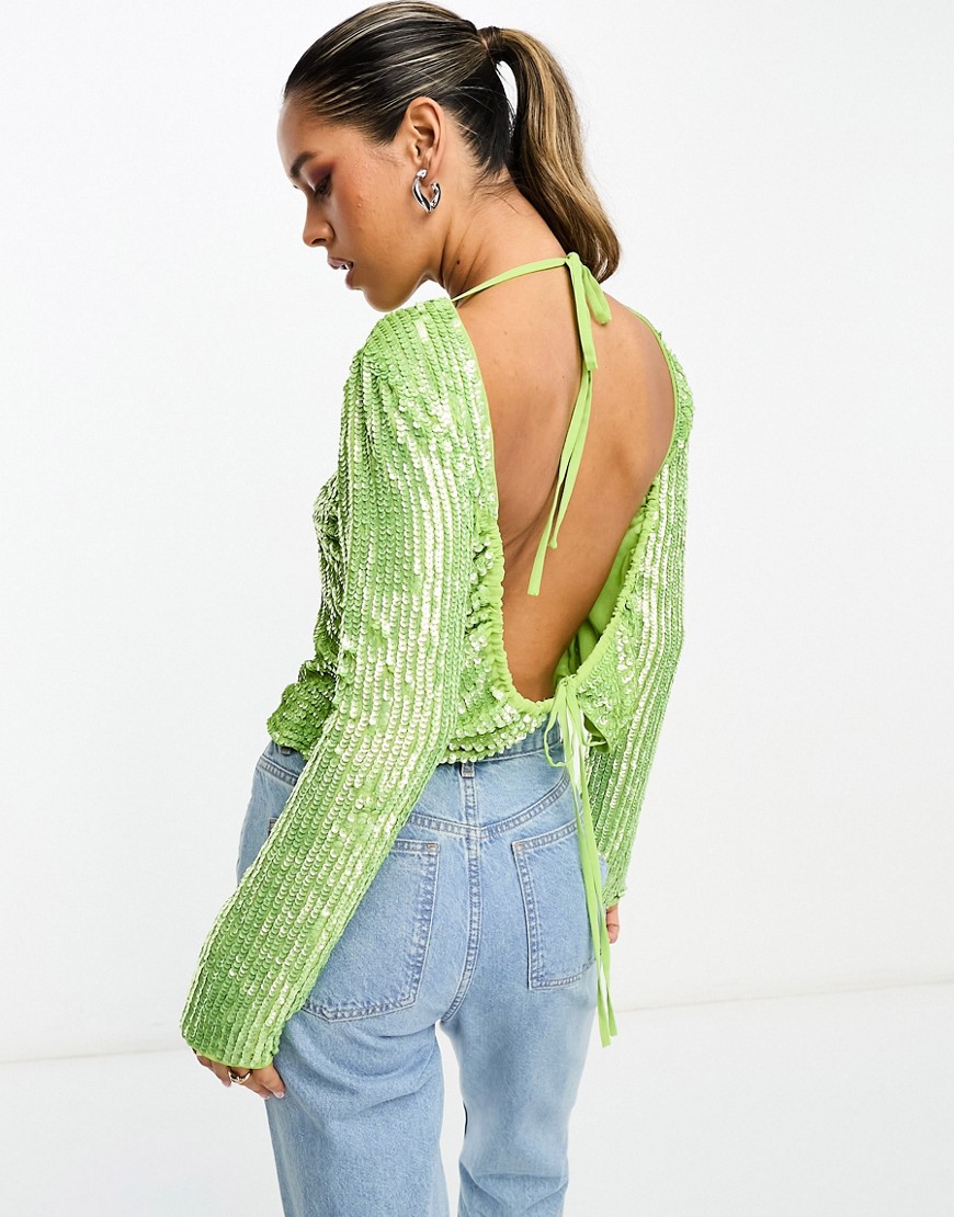 ASOS DESIGN high neck long sleeve embellished top with split hem & open back in bright green