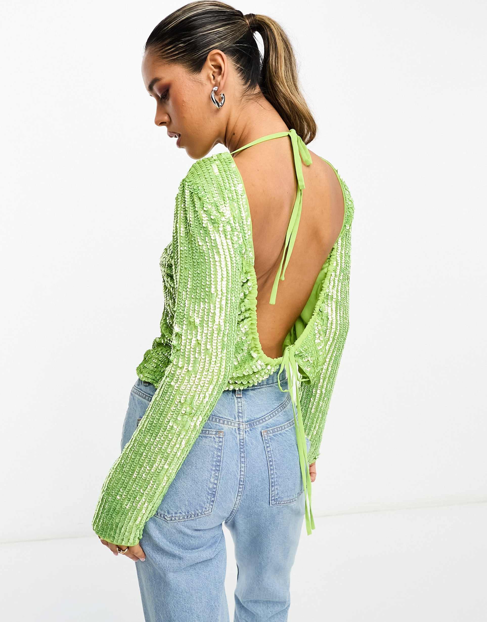 asos design high neck long sleeve embellished top with split hem & open back in bright green