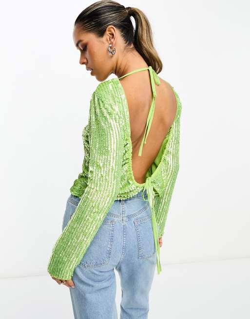 ASOS DESIGN high neck long sleeve embellished top with split hem & open  back in bright green