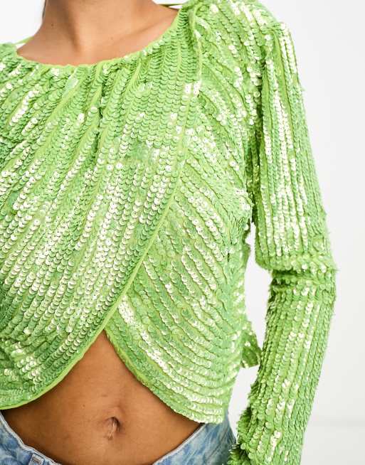 ASOS DESIGN high neck long sleeve embellished top with split hem & open  back in bright green